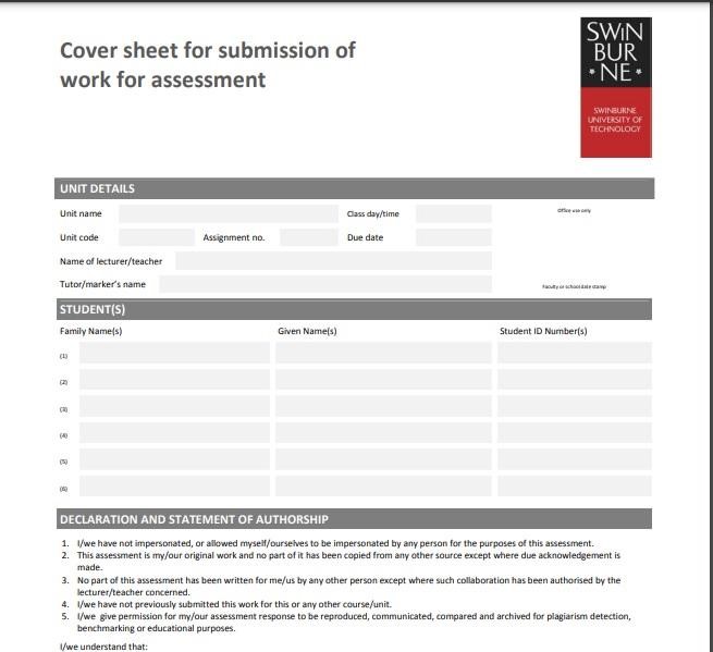 assignment cover sheet swinburne